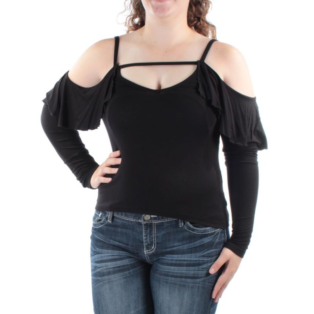 CHELSEA SKY Womens Black Ruffled Cut Out Shoulder Top XS